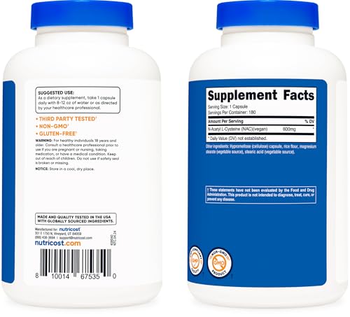 Nutricost N Acetyl L Cysteine  NAC  600mg  180 Capsules   Non GMO  Gluten Free