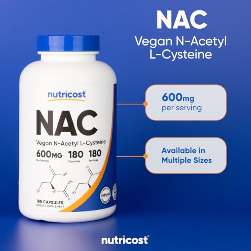 Nutricost N Acetyl L Cysteine  NAC  600mg  180 Capsules   Non GMO  Gluten Free