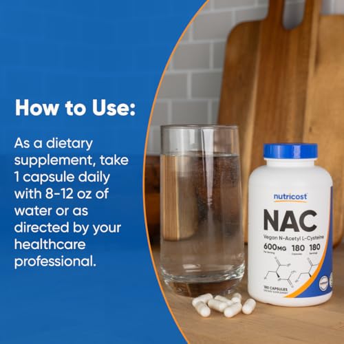 Nutricost N Acetyl L Cysteine  NAC  600mg  180 Capsules   Non GMO  Gluten Free