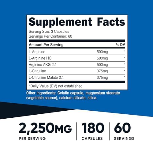 Nutricost Nitric Oxide Booster 2250mg  180 Capsules   750mg Per Casule  60 Servings   Gluten Free and Non GMO