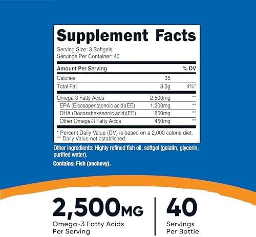 Nutricost Aceite de Pescado Omega 3 - 2500 mg, 120 cápsulas blandas (40 porciones) - Aceite de pescado, capturado en la naturaleza! 1200 mg EPA 850 mg DHA - Sin OGM, Sin gluten