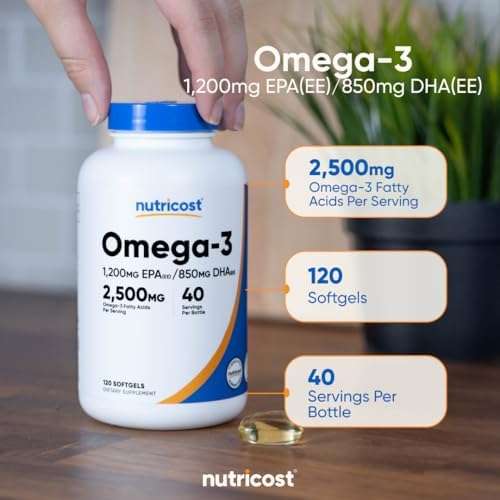 Nutricost Aceite de Pescado Omega 3 - 2500 mg, 120 cápsulas blandas (40 porciones) - Aceite de pescado, capturado en la naturaleza! 1200 mg EPA 850 mg DHA - Sin OGM, Sin gluten