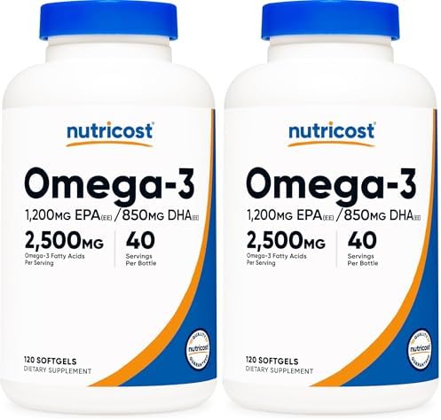 Nutricost Aceite de Pescado Omega 3 - 2500 mg, 120 cápsulas blandas (40 porciones) - Aceite de pescado, capturado en la naturaleza! 1200 mg EPA 850 mg DHA - Sin OGM, Sin gluten