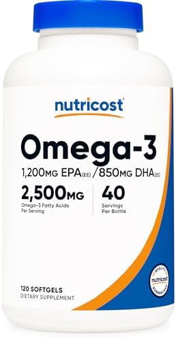 Nutricost Omega 3 Fish Oil   2500MG  120 Softgels  40 Serv    Fish Oil  Wild Caught  1200mg EPA 850mg DHA   Non GMO  Gluten Free