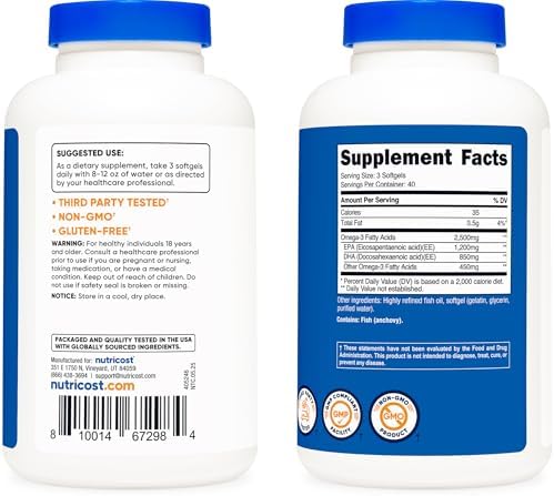 Nutricost Omega 3 Fish Oil   2500MG  120 Softgels  40 Serv    Fish Oil  Wild Caught  1200mg EPA 850mg DHA   Non GMO  Gluten Free
