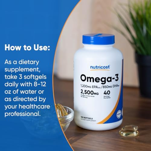 Nutricost Omega 3 Fish Oil   2500MG  120 Softgels  40 Serv    Fish Oil  Wild Caught  1200mg EPA 850mg DHA   Non GMO  Gluten Free