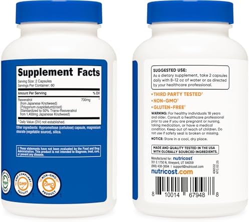Nutricost Resveratrol 700mg; 120 Vegetable Capsules   50  Trans Resveratrol  3 Bottles