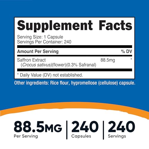 Nutricost Extracto de azafrán 88.5 mg, 240 cápsulas – Cápsulas vegetales, sin OMG, sin gluten