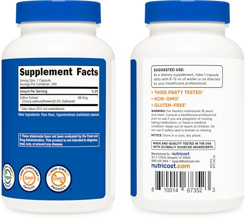Nutricost Extracto de azafrán 88.5 mg, 240 cápsulas – Cápsulas vegetales, sin OMG, sin gluten