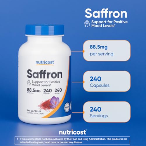 Nutricost Extracto de azafrán 88.5 mg, 240 cápsulas – Cápsulas vegetales, sin OMG, sin gluten