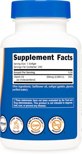 Nutricost Vitamin D3 2000 iu Softgels  240 Softgels   Non GMO & Gluten Free