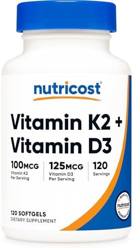 Nutricost Vitamin D3   K2  5000 IU D3 / 100mcg MK7   120 Softgels   Gluten Free & Non GMO