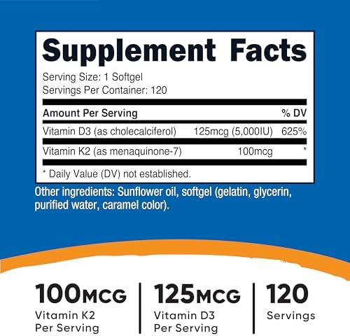Nutricost Vitamin D3   K2  5000 IU D3 / 100mcg MK7   120 Softgels   Gluten Free & Non GMO