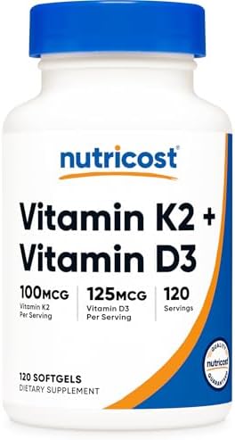 Nutricost Vitamin K2  MK7   100mcg    Vitamin D3  5000 IU  120 Softgels   Gluten Free and Non GMO