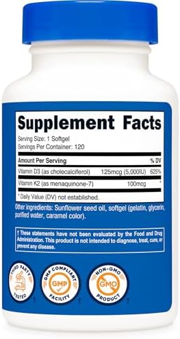 Nutricost Vitamin K2  MK7   100mcg    Vitamin D3  5000 IU  120 Softgels   Gluten Free and Non GMO