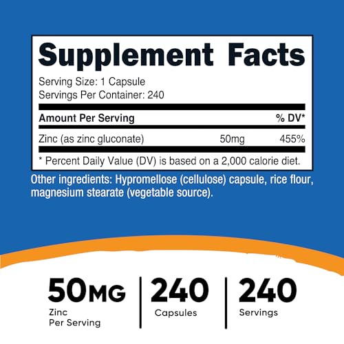 Nutricost Zinc Gluconate 240 Vegetarian Capsules  50mg    Gluten Free and Non GMO