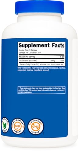 Nutricost Zinc Gluconate 240 Vegetarian Capsules  50mg    Gluten Free and Non GMO