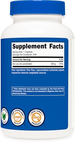 Nutricost Zinc Picolinate 30mg  240 Capsules   Gluten Free and Non GMO