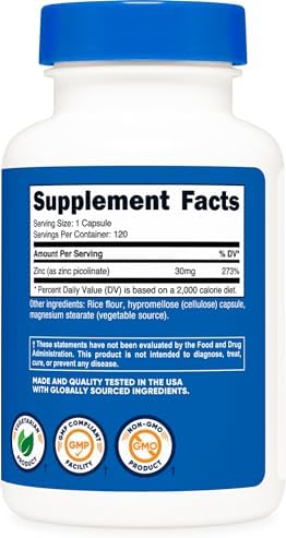 Nutricost Zinc Picolinate 30mg  240 Capsules   Gluten Free and Non GMO