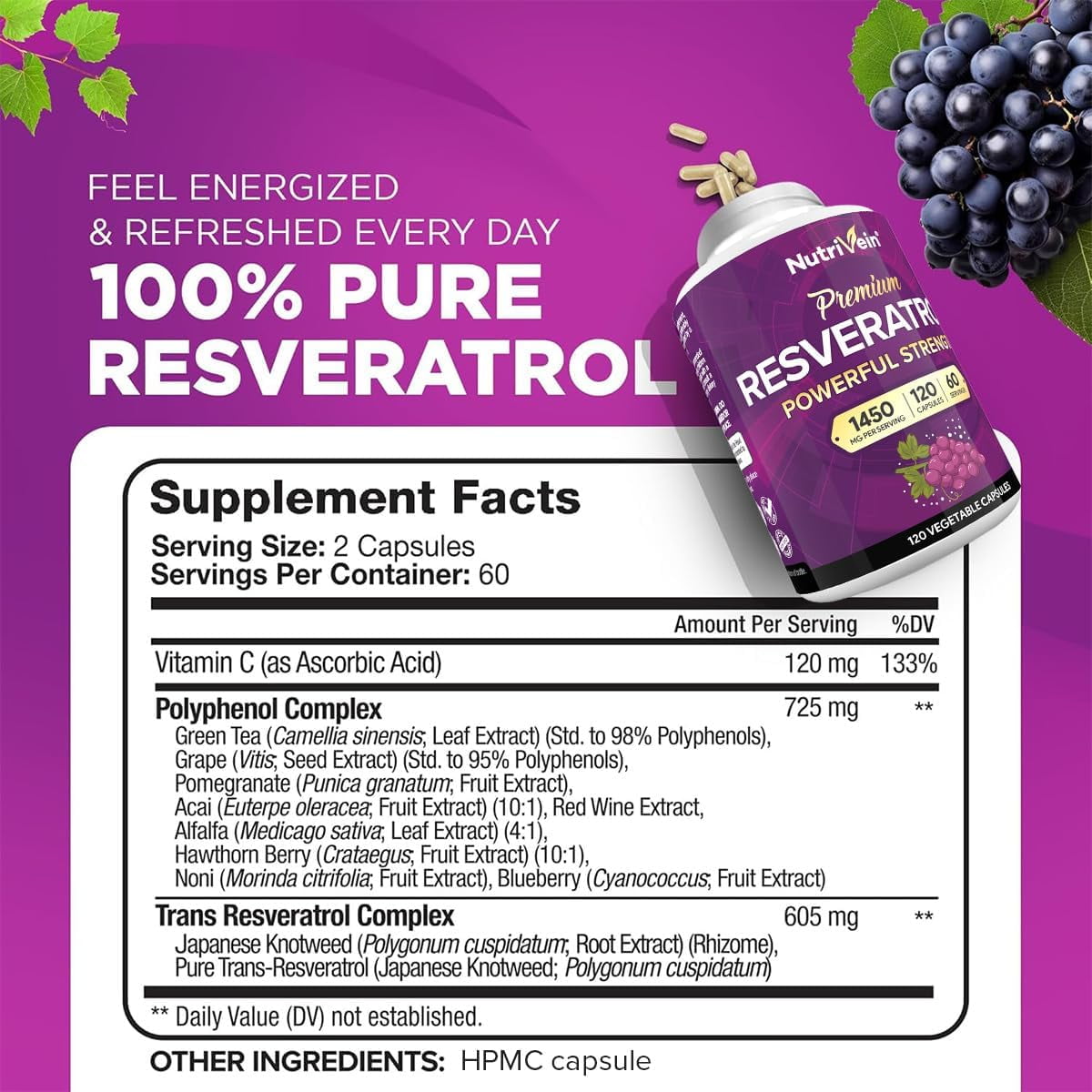 Nutrivein Resveratrol Supplement   Antioxidant  Anti Aging  Vegan   120 Capsules
