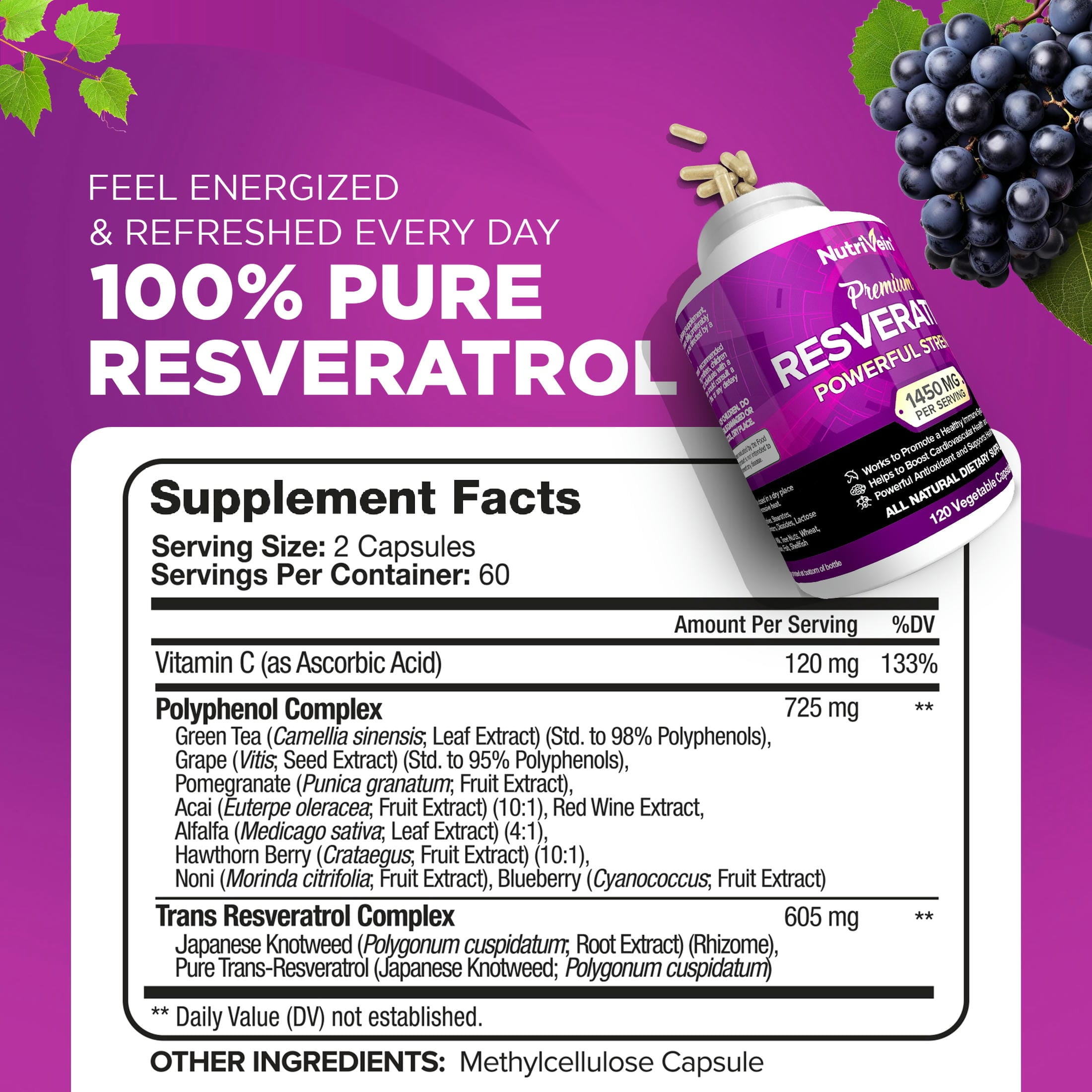 Nutrivein Resveratrol Supplement   Antioxidant  Anti Aging  Vegan   120 Capsules