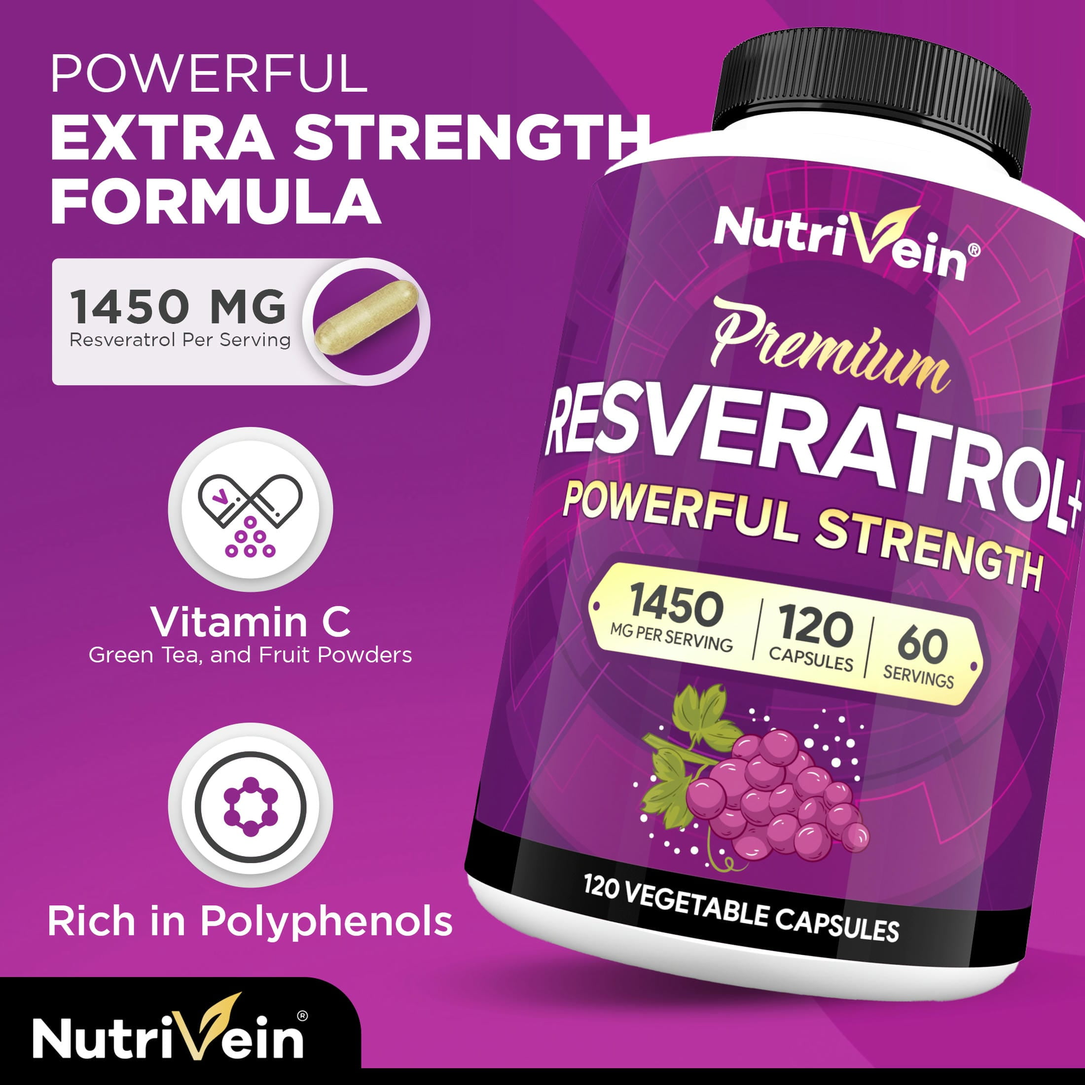Nutrivein Resveratrol Supplement   Antioxidant  Anti Aging  Vegan   120 Capsules