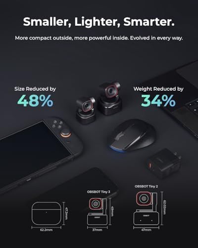 OBSBOT Tiny 3 AI Powered Spatial Audio 4K Webcam  AI Tracking PTZ Camera with 1/1 28 Sensor  Tri Mic  Voice & Gesture Control  120FPS  HDR  Web Cam for PC  Laptop  Streaming  Meeting  Switch 2  etc 