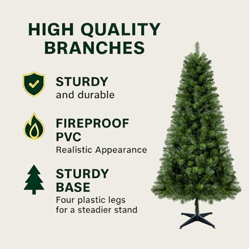 OCACA 6FT Unlit Artificial Christmas Tree with PVC Branch Tips  Full Shape Hinged Branch Design  Stable Four Leg Stand  Classic Green Indoor Holiday Décor Xmas Tree for Home Small Spaces
