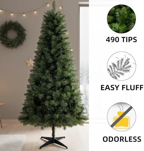 OCACA 6FT Unlit Artificial Christmas Tree with PVC Branch Tips  Full Shape Hinged Branch Design  Stable Four Leg Stand  Classic Green Indoor Holiday Décor Xmas Tree for Home Small Spaces