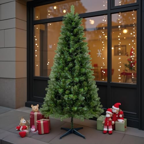 OCACA 6FT Unlit Artificial Christmas Tree with PVC Branch Tips  Full Shape Hinged Branch Design  Stable Four Leg Stand  Classic Green Indoor Holiday Décor Xmas Tree for Home Small Spaces