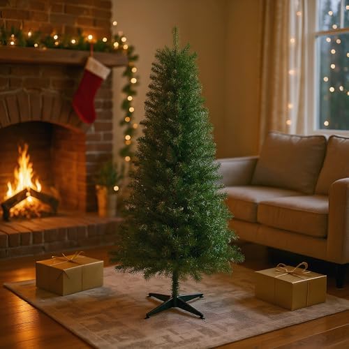 OCACA 6FT Unlit Artificial Christmas Tree with PVC Branch Tips  Full Shape Hinged Branch Design  Stable Four Leg Stand  Classic Green Indoor Holiday Décor Xmas Tree for Home Small Spaces
