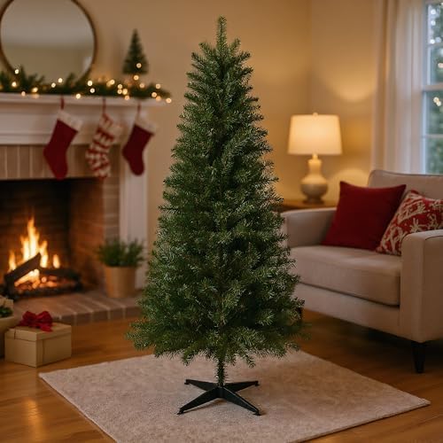OCACA 6FT Unlit Artificial Christmas Tree with PVC Branch Tips  Full Shape Hinged Branch Design  Stable Four Leg Stand  Classic Green Indoor Holiday Décor Xmas Tree for Home Small Spaces