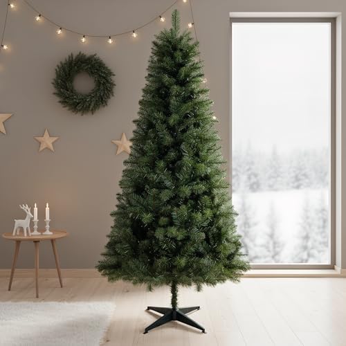 OCACA 6FT Unlit Artificial Christmas Tree with PVC Branch Tips  Full Shape Hinged Branch Design  Stable Four Leg Stand  Classic Green Indoor Holiday Décor Xmas Tree for Home Small Spaces