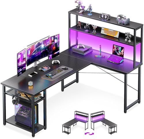 ODK 53 L Shaped Gaming Desk with Hutch & Headphone Hook  Corner Computer Table with Storage Shelves for Home Office  Black