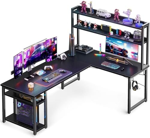 ODK 53 L Shaped Gaming Desk with Hutch & Headphone Hook  Corner Computer Table with Storage Shelves for Home Office  Black