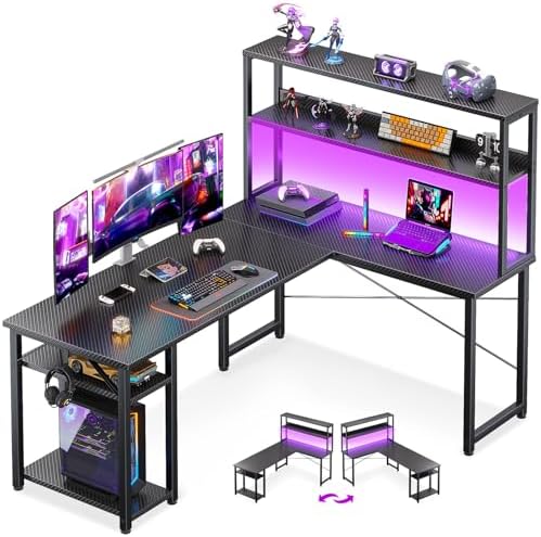 ODK 53 L Shaped Gaming Desk with Hutch & Headphone Hook  Corner Computer Table with Storage Shelves for Home Office  Black