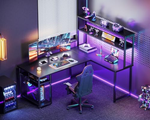 ODK 53 L Shaped Gaming Desk with Hutch & Headphone Hook  Corner Computer Table with Storage Shelves for Home Office  Black