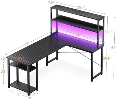 ODK 53 L Shaped Gaming Desk with Hutch & Headphone Hook  Corner Computer Table with Storage Shelves for Home Office  Black