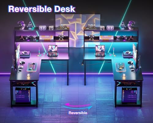 ODK 53 L Shaped Gaming Desk with Hutch & Headphone Hook  Corner Computer Table with Storage Shelves for Home Office  Black