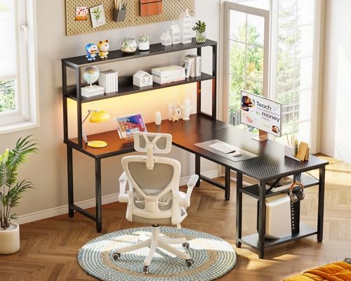 ODK 53 L Shaped Gaming Desk with Hutch & Headphone Hook  Corner Computer Table with Storage Shelves for Home Office  Black
