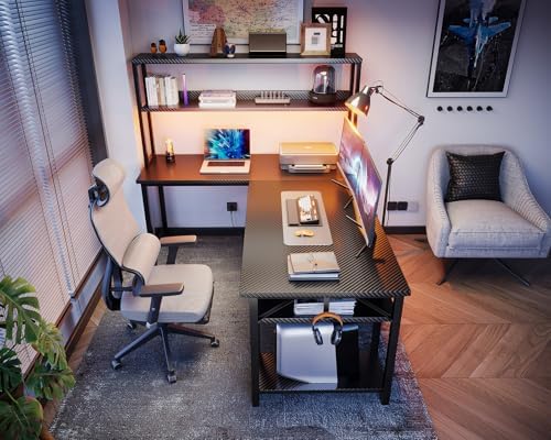 ODK 53 L Shaped Gaming Desk with Hutch & Headphone Hook  Corner Computer Table with Storage Shelves for Home Office  Black