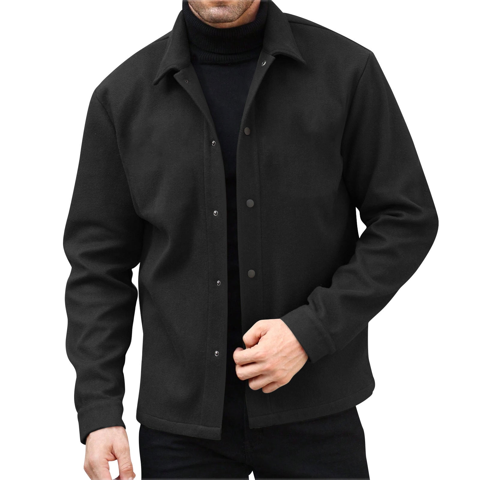 OGLCCG Men s Wool Bomber Jacket Casual Single Breasted Woolen Blend Coat Solid Color Turn Down Collar Long Sleeve Jacket XXL Black
