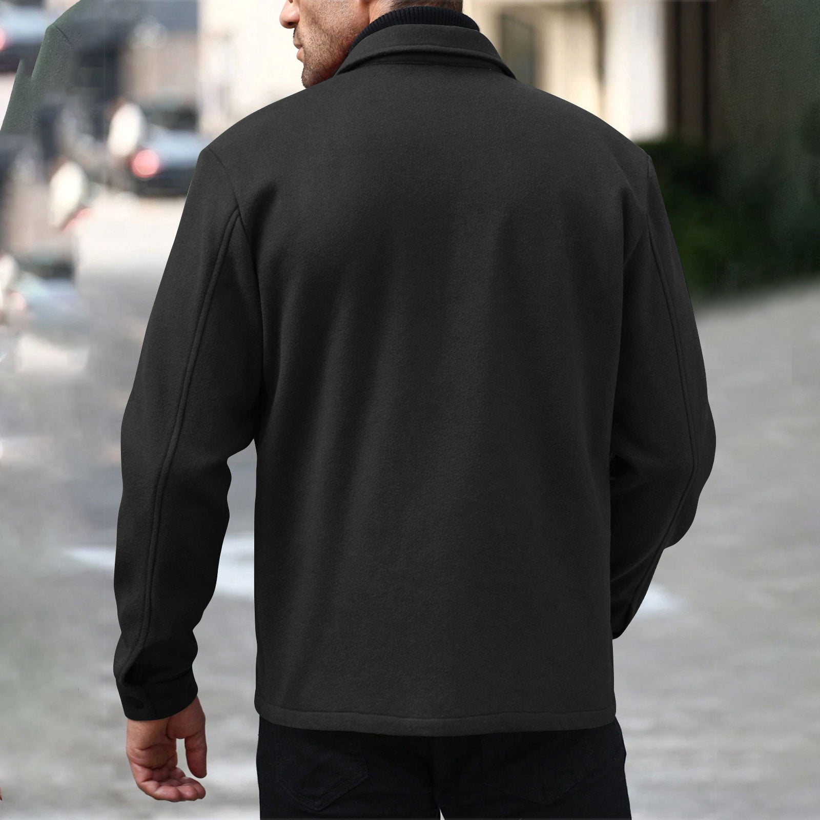 OGLCCG Men s Wool Bomber Jacket Casual Single Breasted Woolen Blend Coat Solid Color Turn Down Collar Long Sleeve Jacket XXL Black