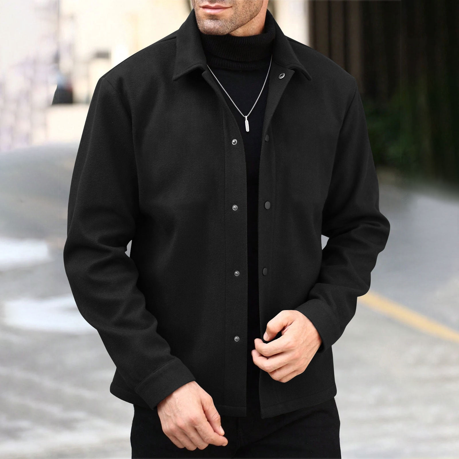 OGLCCG Men s Wool Bomber Jacket Casual Single Breasted Woolen Blend Coat Solid Color Turn Down Collar Long Sleeve Jacket XXL Black