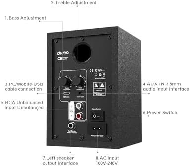 OHAYO 60W Computer Speakers for Music and Gaming  Active Bluetooth 5 3  Stereo 2 0 Speakers for Desktop PC or Laptop  3 5mm Aux RCA USB Input  1 Pair  Black