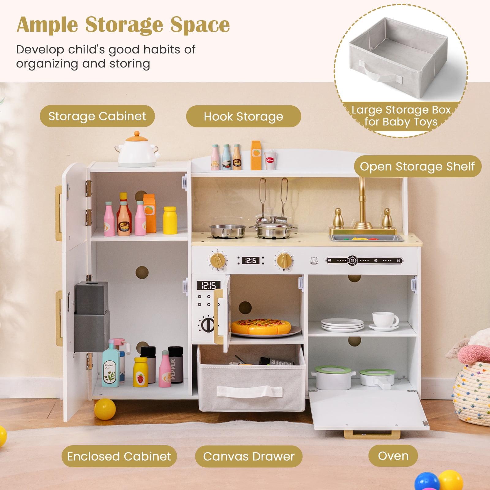 OLAKIDS Kids Kitchen Playset  Toddler Wooden Pretend Cooking Toy Set with Acrylic Drawing Board Ice Machine Dishwasher Cloth Drawer Stove Removable Sink Simulation Play Kitchen for Boys Girls