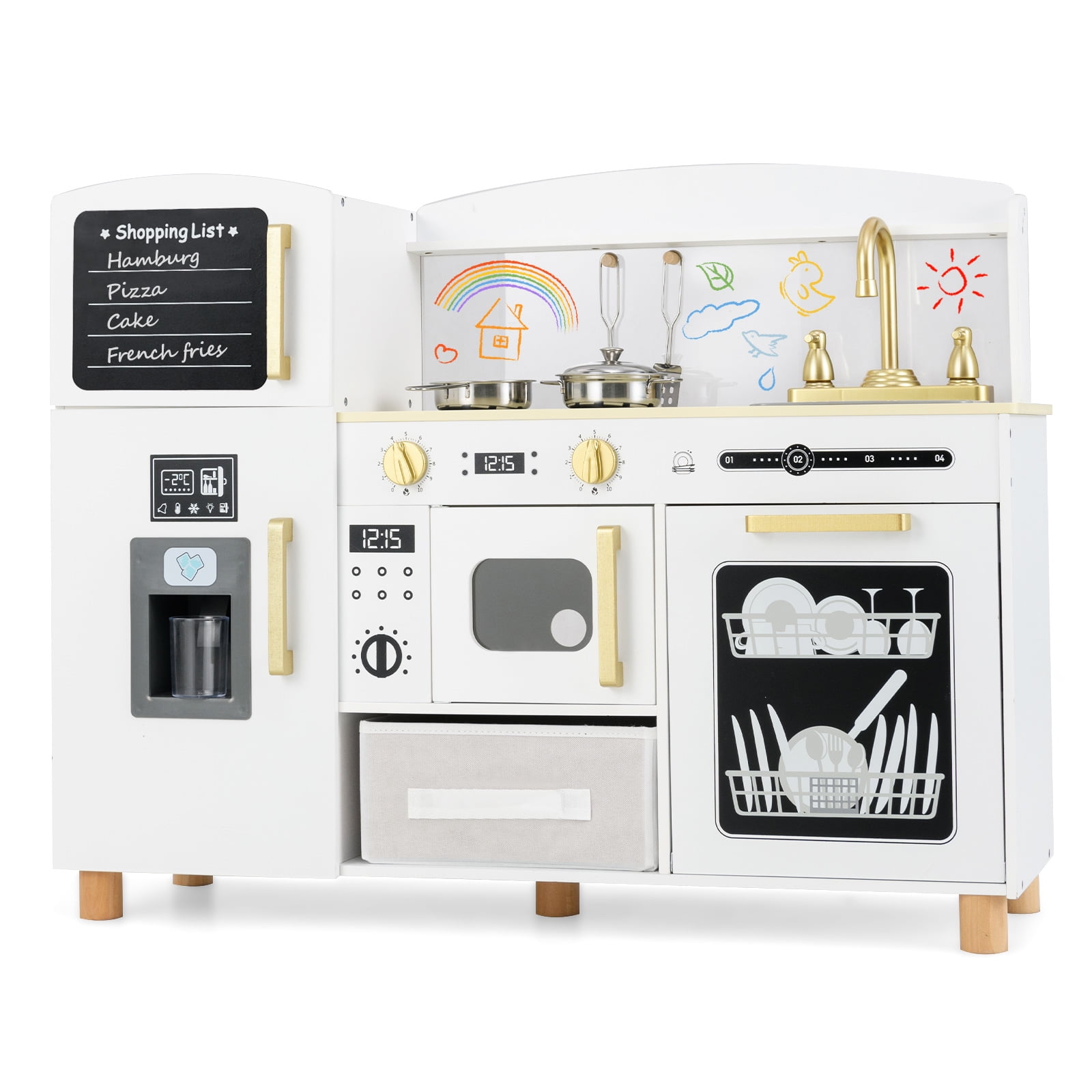 OLAKIDS Kids Kitchen Playset  Toddler Wooden Pretend Cooking Toy Set with Acrylic Drawing Board Ice Machine Dishwasher Cloth Drawer Stove Removable Sink Simulation Play Kitchen for Boys Girls