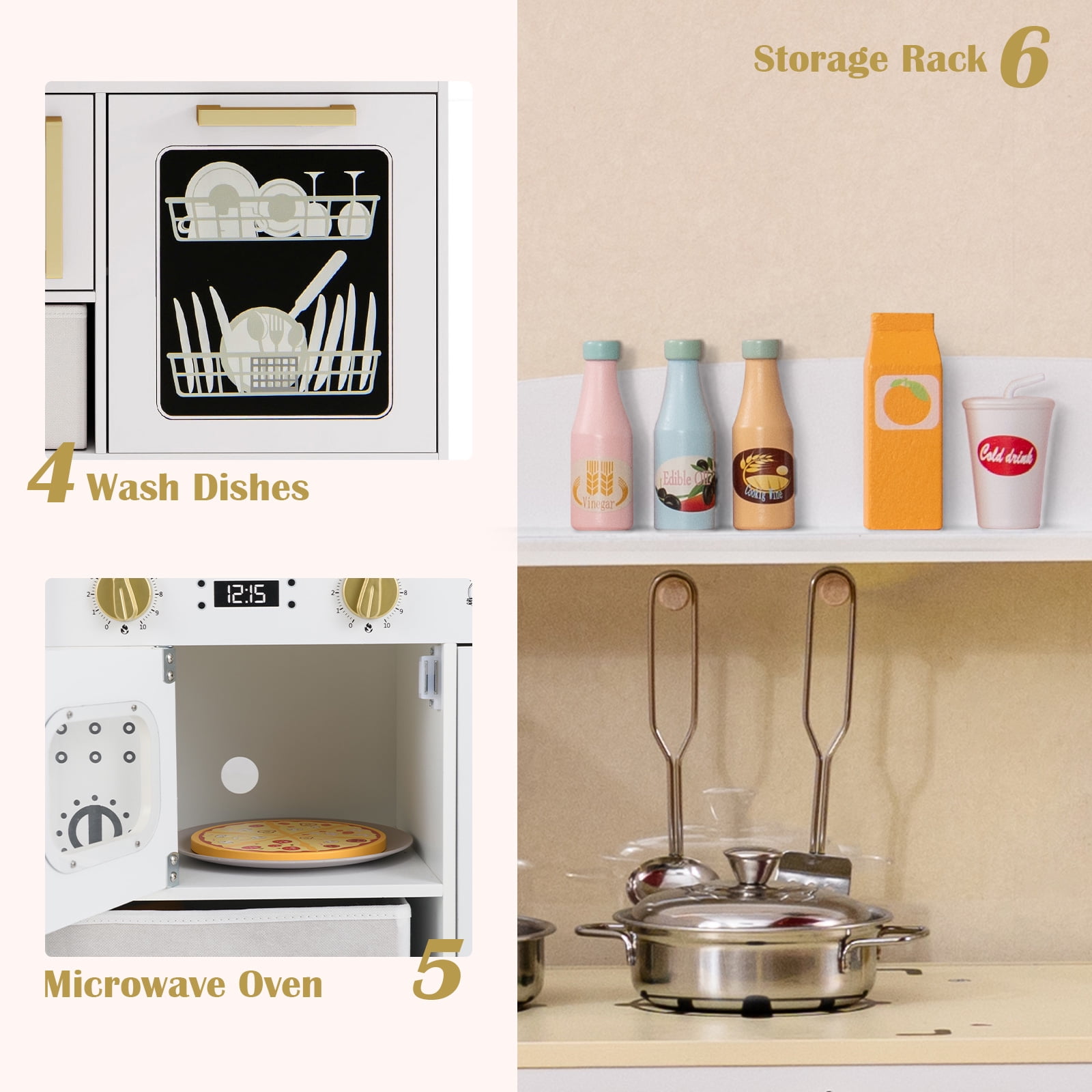 OLAKIDS Kids Kitchen Playset  Toddler Wooden Pretend Cooking Toy Set with Acrylic Drawing Board Ice Machine Dishwasher Cloth Drawer Stove Removable Sink Simulation Play Kitchen for Boys Girls