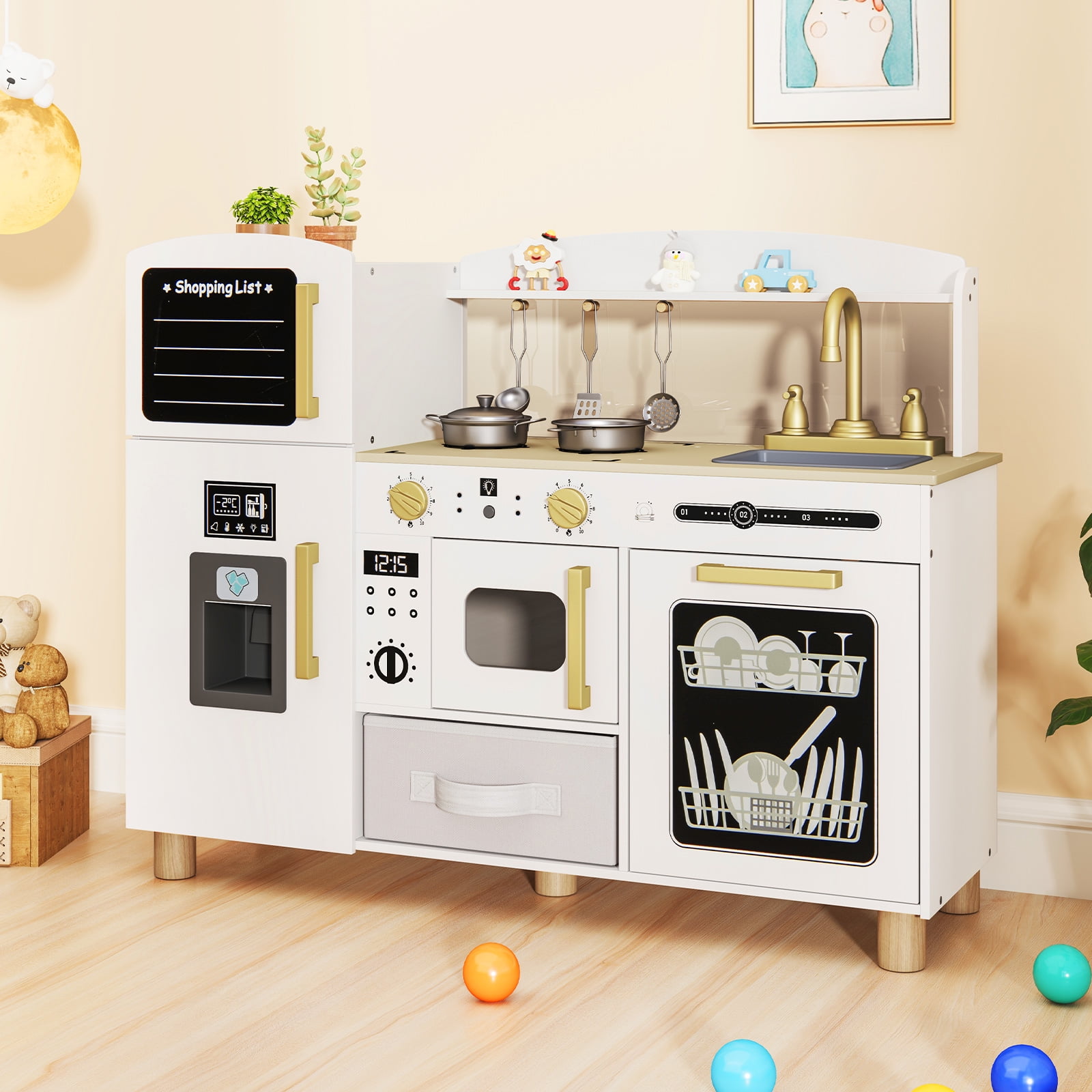 OLAKIDS Kids Kitchen Playset  Toddler Wooden Pretend Cooking Toy Set with Acrylic Drawing Board Ice Machine Dishwasher Cloth Drawer Stove Removable Sink Simulation Play Kitchen for Boys Girls