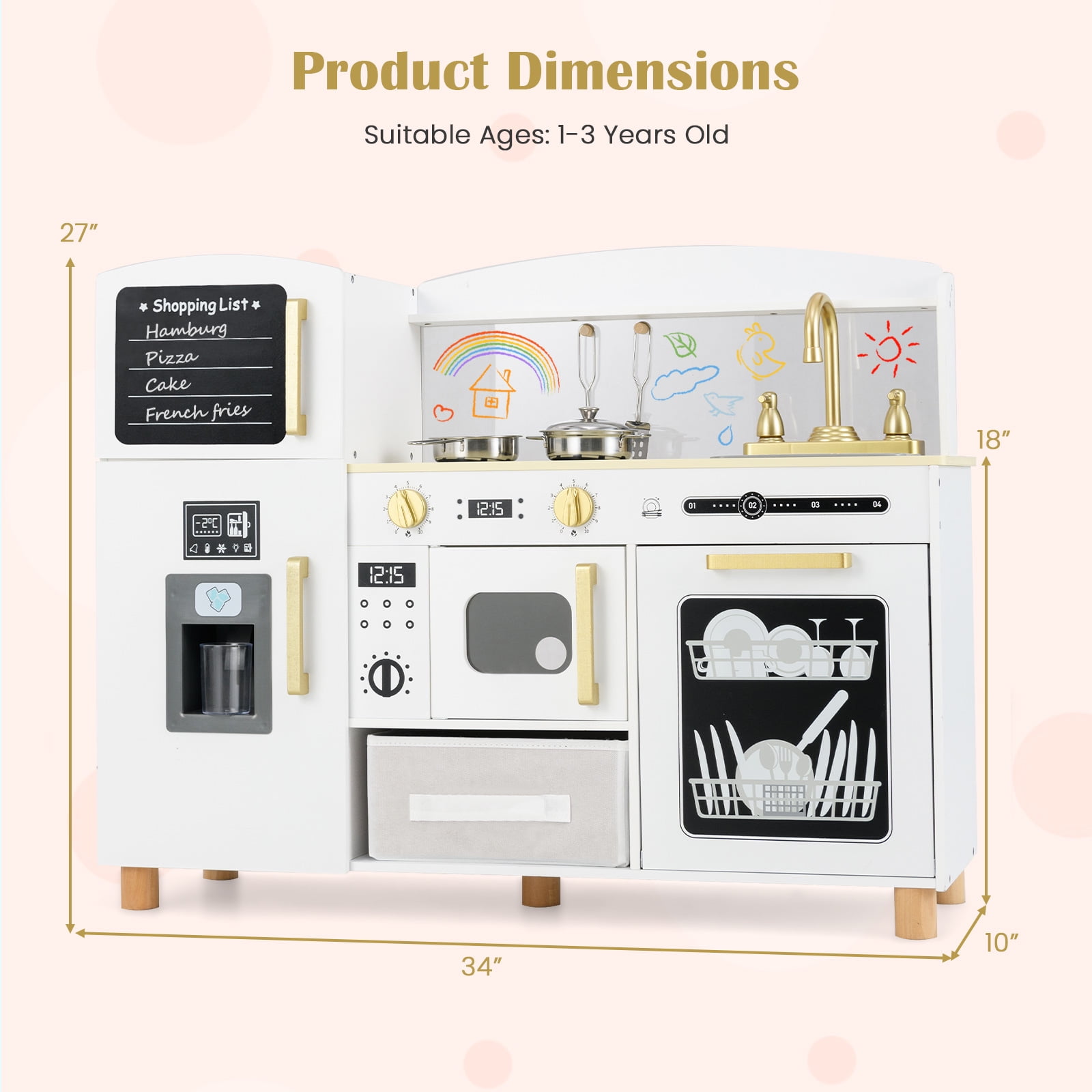 OLAKIDS Kids Kitchen Playset  Toddler Wooden Pretend Cooking Toy Set with Acrylic Drawing Board Ice Machine Dishwasher Cloth Drawer Stove Removable Sink Simulation Play Kitchen for Boys Girls